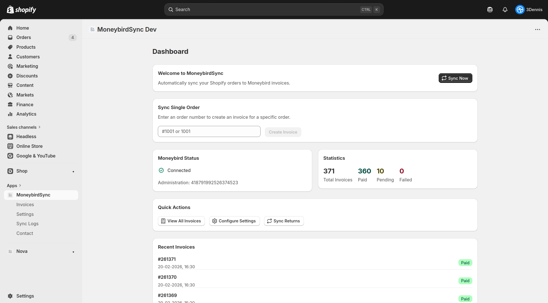 MoneybirdSync Dashboard – Shopify orders automatically as invoices in Moneybird